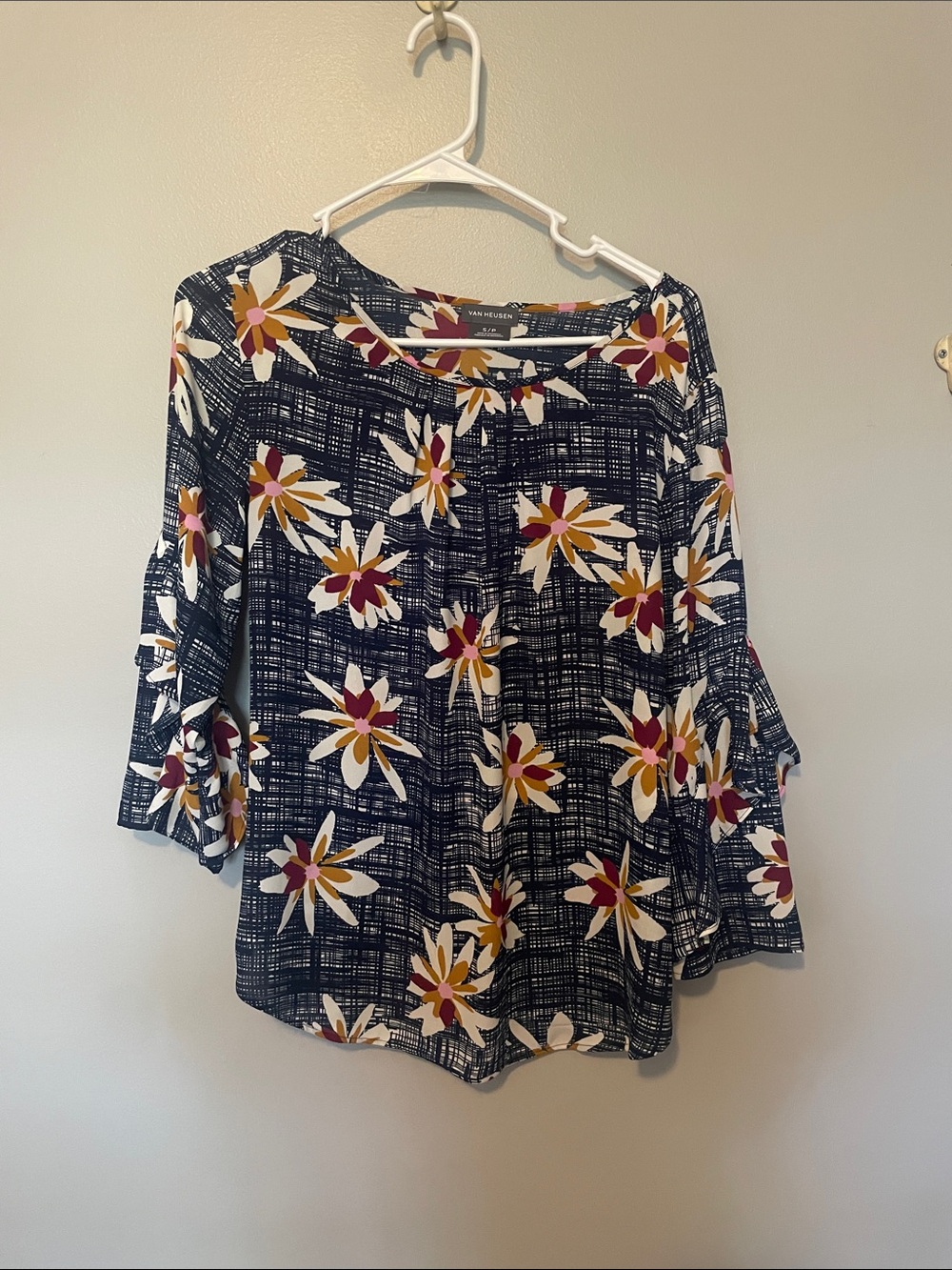 Van Heusen Navy Floral Bell Sleeve Top with Mustard and Burgundy Accents